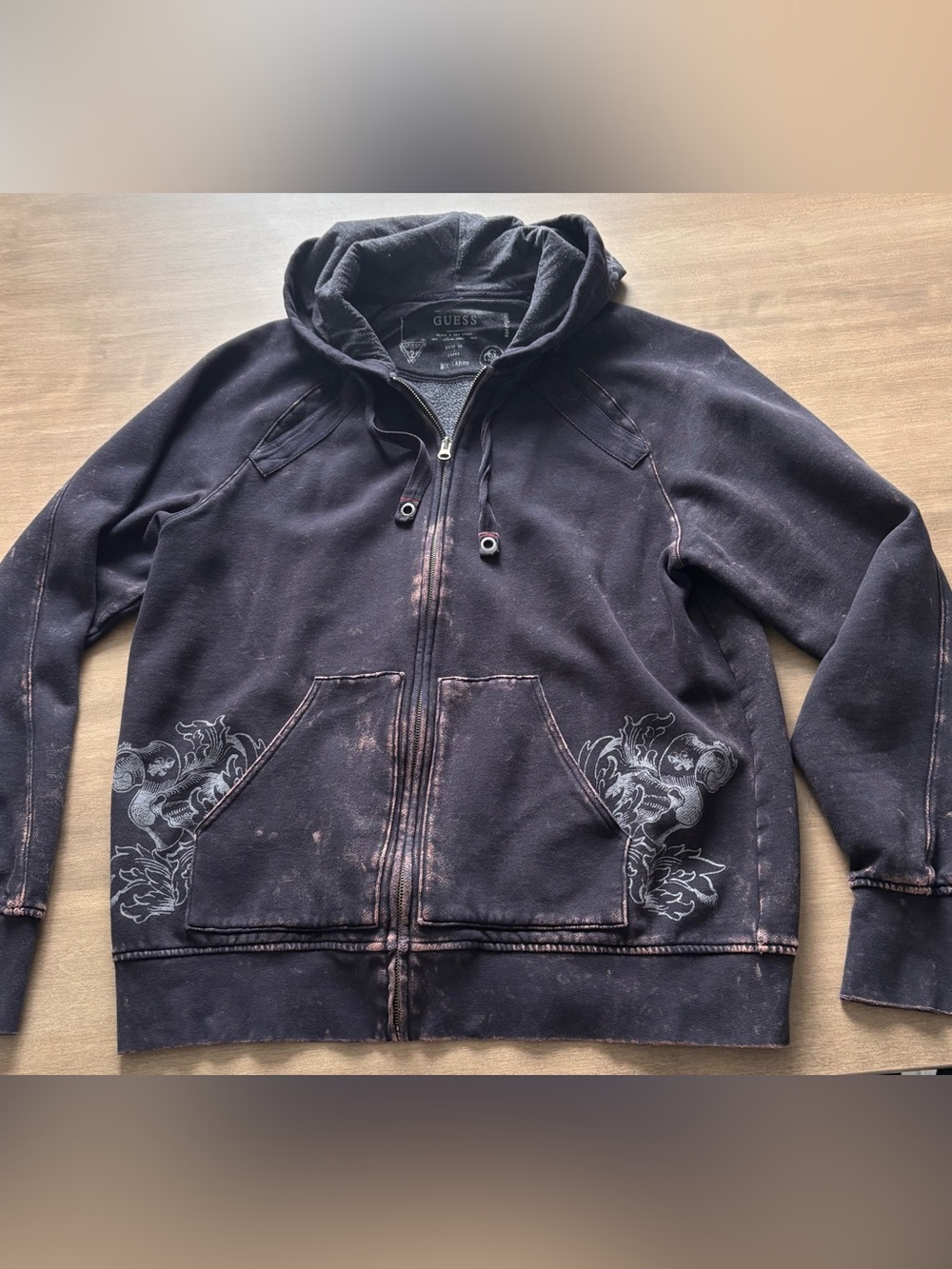 GUESS Black Distressed Zip Hoodie with Decorative Pocket Prints